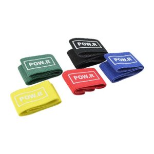 A set of POW.R Fabric Mini Loop Bands in various colors representing different resistance levels. The bands are compact and made of comfortable, durable fabric, suitable for strength training and rehabilitation exercises. They are recommended by physiotherapists for improving fitness at home or on the go.