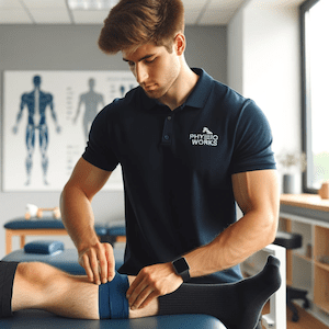 Physiotherapist-in-navy-polo-treating-patient-with-acute-injury