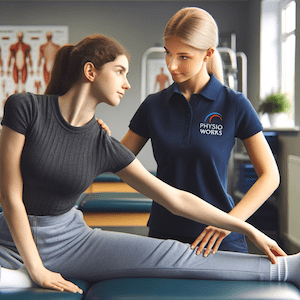 Physiotherapist in navy polo treating patient for muscle flexibility