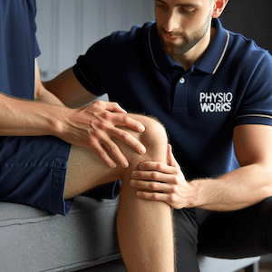 Physiotherapist treating patient with knee pain
