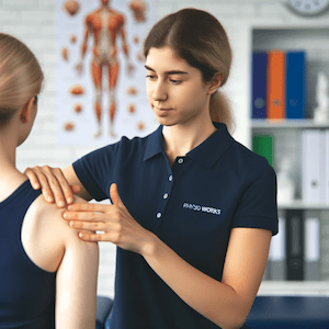 Physiotherapist treating patient with shoulder bursitis in clinic