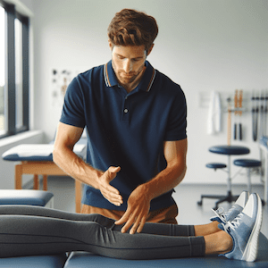 Physiotherapist in navy polo treating patient with lower leg stress fracture