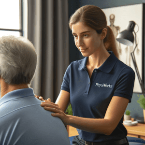 Physiotherapist in navy PhysioWorks polo treating middle-aged employee"