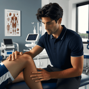 Male physiotherapist in navy polo treating athlete at Acute Sports Injury Clinic, showcasing professional sports injury care.