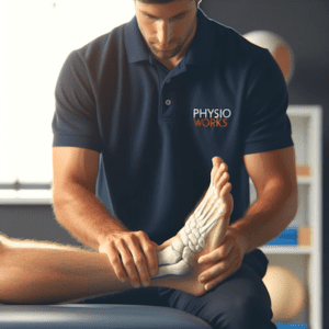 Physiotherapist-in-navy-Physio-Works-polo-treating-ankle-pain