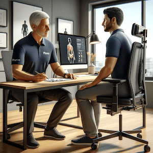 Ergonomic workstation assessment by PhysioWorks: Physiotherapist advising client on posture and desk setup
