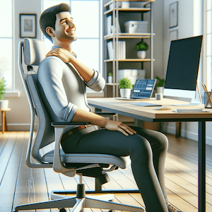 Happy office worker at ergonomic desk setup, free from neck pain.
