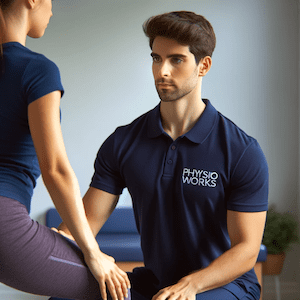 Physiotherapist in navy polo treating patient for injury prevention