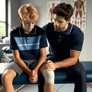 Adolescent receiving physiotherapy for Osgood Schlatter’s knee pain