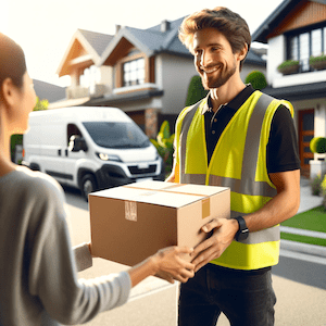 a courier in a hi-vis vest delivering a box