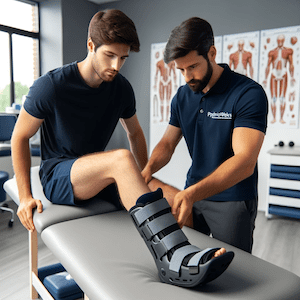 Patient receiving a moon boot fitting for an ankle injury at PhysioWorks clinic