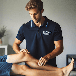 Physiotherapist treating patient's legs, patient in shorts, in clinic setting