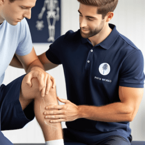 Physiotherapist-in-navy-polo-shirt-treating-patient-for-tendinopathy-injury-in-clinic