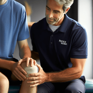 Physiotherapy session for knee injury with physiotherapist in navy polo treating a young patient