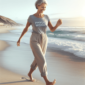 lady in her 60s walking barefoot on beach with bunion relief