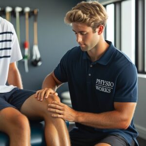 Physiotherapist treating wakeboarder's leg injury in clinic