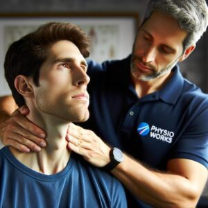 Physiotherapist in navy polo treating patient with neck pain