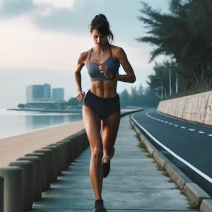 Female runner with thigh pain on a beachfront concrete path at dawn.