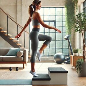 Woman balancing on her tiptoes on the edge of a step, performing exercises for Plantar Fasciitis.