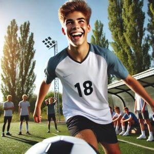 Teenage athlete happily kicking a soccer ball on a field, representing recovery from kids sports injuries.