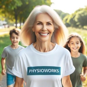 Joyful 60-year-old woman wearing a PhysioWorks shirt, walking in a park with her grandkids, refreshed and active after knee replacement.