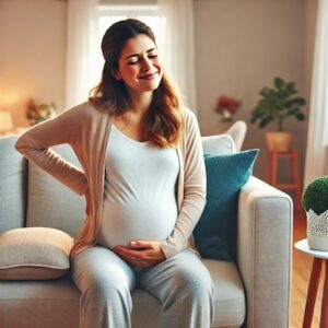 Pregnancy back pain no more. tA woman sitting comfortably on a couch with good posture, using a cushion for support, in a bright and welcoming room with soft lighting, plants, and a coffee table.