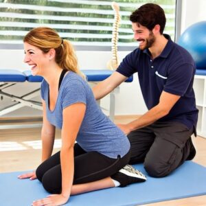 A female patient doing back pain prevention exercises on a mat, supervised by a physiotherapist