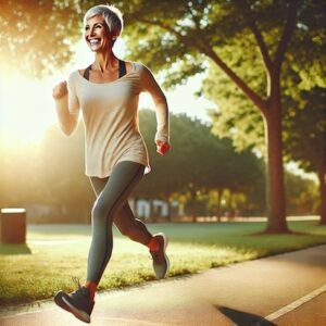 A happy 40-year-old person running in a park, showcasing strength and stability, representing successful rehabilitation from Chronic Ankle Instability (CAI)