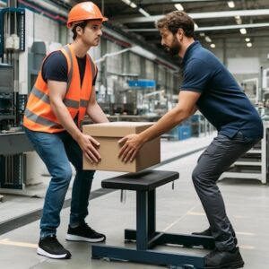 Factory worker wearing a hardhat and orange hi-vis vest, standing on a concrete floor, lifting a box from a fixed bench, and receiving lifting advice from a physio in a navy polo.