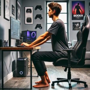 Gamer in their early 20s sitting at a desk with good posture, straight back, feet flat on the floor, and elbows bent at 90 degrees, in a modern room with gaming posters.