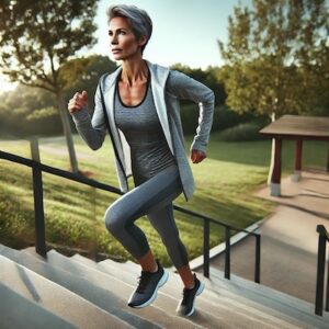 A fit woman in her 50s with short grey hair runs up a set of park stairs, symbolizing healthy ageing and commitment to fitness.