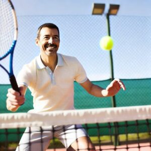 Male tennis player performing a volley at the net post-hip labral tear treatment, highlighting the importance of active rehabilitation.