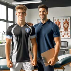 Happy sports athlete excelling after a physio screening with a physiotherapist in a navy polo, highlighting injury prevention