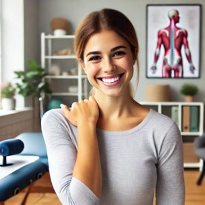 Smiling woman in her early 20s, standing with good posture after neck pain relief in a physiotherapy clinic.