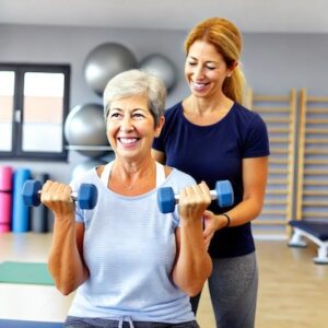 Happy 60-year-old lady doing weight-bearing exercises with dumbbells, supervised by a physiotherapist in a navy shirt in a bright physiotherapy clinic