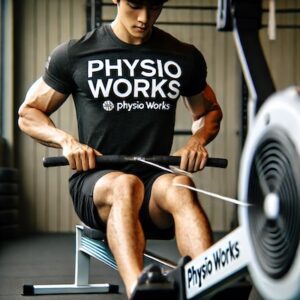 Person doing a rowing exercise with weights in a gym