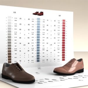 Shoe size conversion chart for men and women showing US, UK, Australian and European sizes with stylish shoes at the top corners.