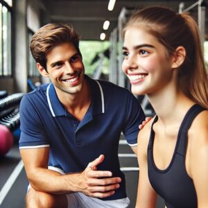 Male sports physiotherapist in a navy polo shirt supervises a smiling female athlete training in a gym.