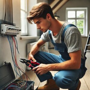 Electrician using wire snippers to cut electrical wires, symbolising the relief tennis elbow physiotherapy can provide for gripping pain