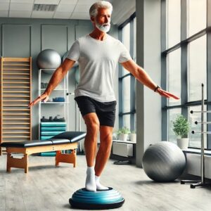 A 60-year-old male balancing on one leg on a wobble disc in a physiotherapy clinic, with arms extended for stability.