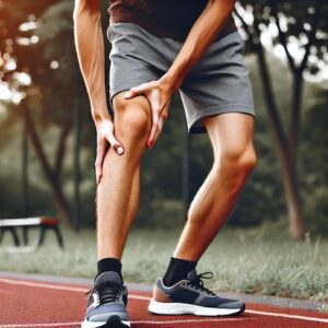 Person with mild calf strain gently massaging lower leg in a park setting