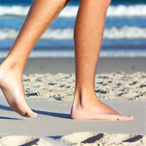 A male in his early 20s walking barefoot on a beach, displaying flat feet with collapsed arches, leaving shallow footprints in the sand.