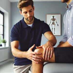 Physiotherapist performing knee joint treatment on a male runner in a clinic.