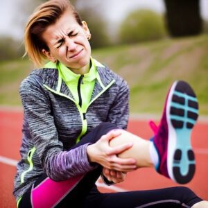 Young female endurance runner experiencing a painful calf cramp while resting on the side of a running track. Find tips on prevention and recovery.