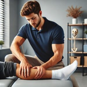 Physiotherapist treating shin pain in a male runner in a clinic.