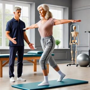 Female patient performing balance exercise after vestibular rehabilitation for vertigo dizziness, with a physiotherapist offering guidance.