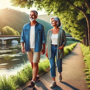 50-year-old couple walking on a path by a river, surrounded by greenery and trees on a sunny day.