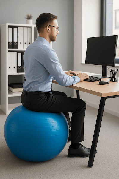 Office worker sitting on an exercise ball at a computer workstation