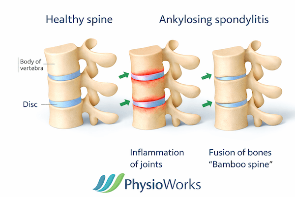 Ankylosing spondylitis spine showing inflammation and bamboo spine compared to healthy vertebrae