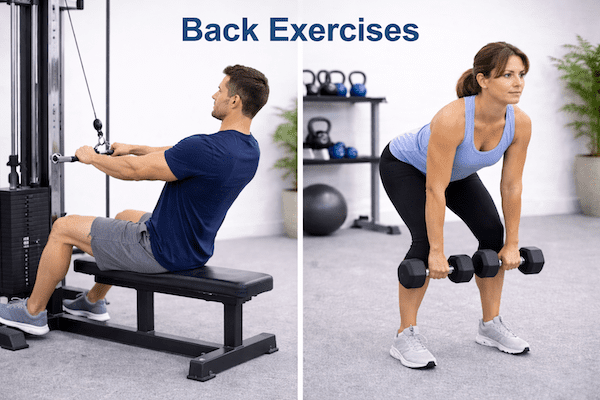 Man and woman performing back strengthening exercises in a gym